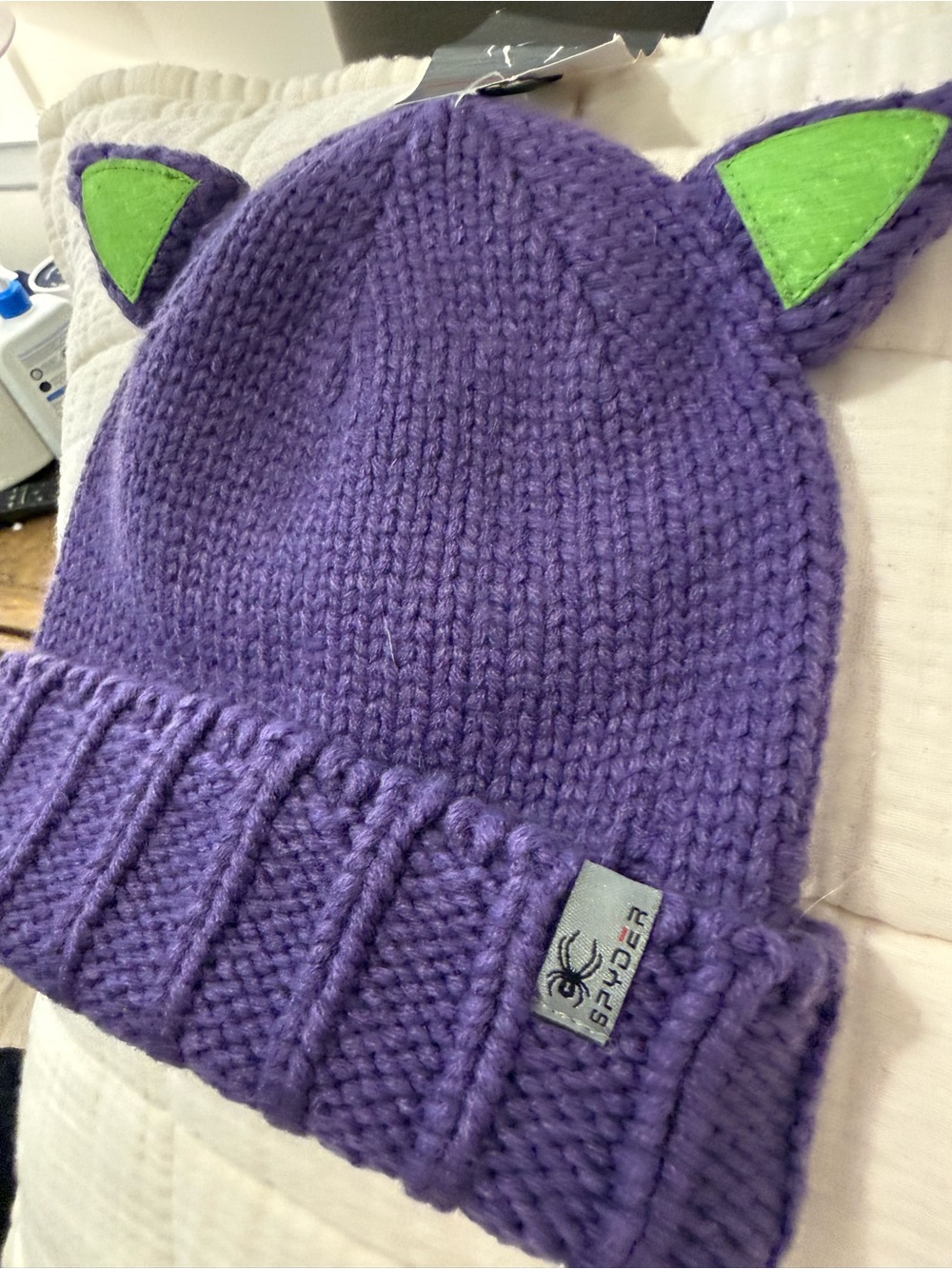 NWT | Spyder Kids One Size Ski Beanie Knit Cat Ear Purple and Green - Picture 6 of 16